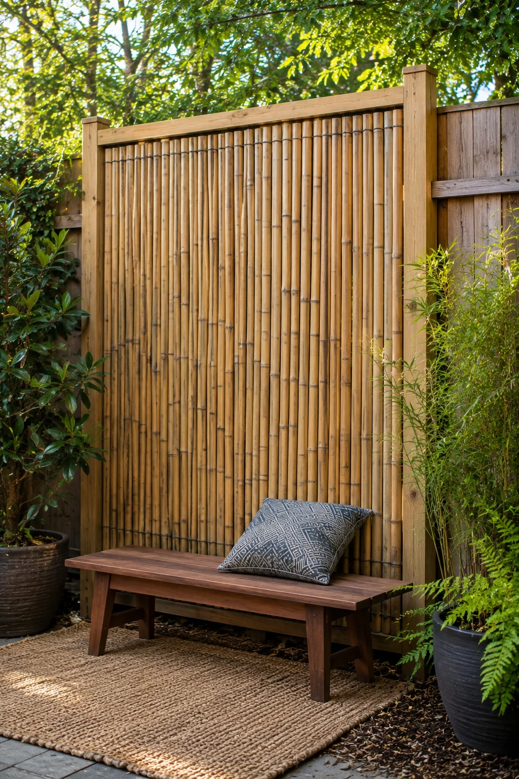 Bamboo screening fence enclosing a private backyard retreat