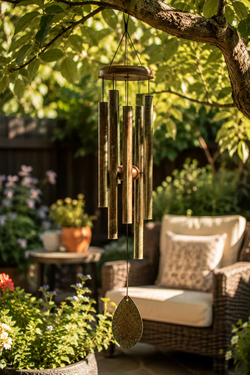Wind chimes hanging in a sheltered backyard retreat corner