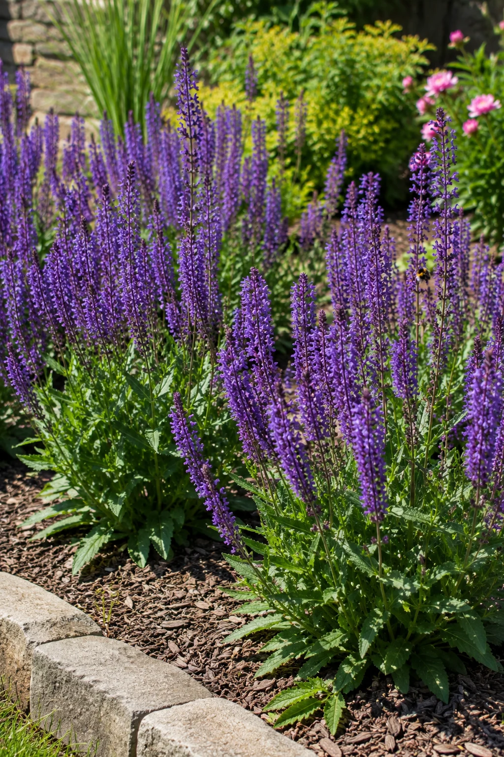 Grouped drift of purple salvia planted for pollinators in a garden bed