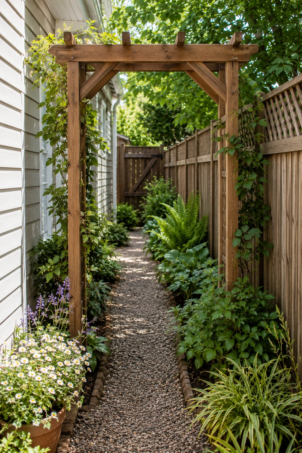 Wood arbor marking the entrance to a narrow side yard garden