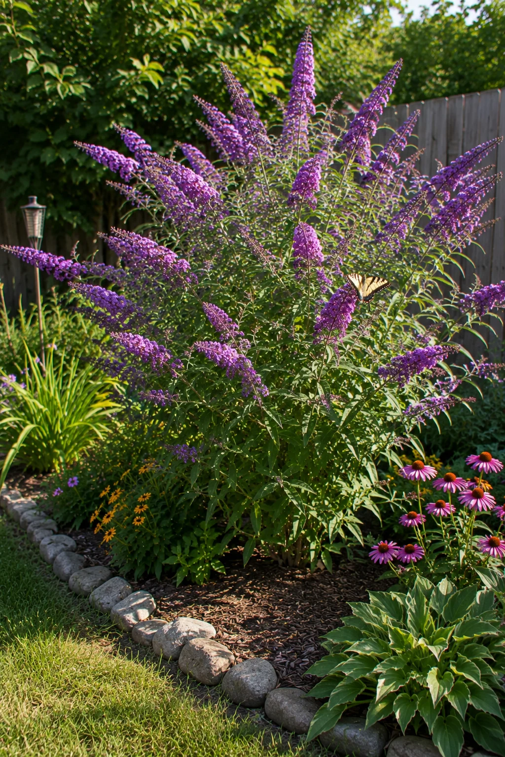 Butterfly bush anchoring a small backyard pollinator garden bed