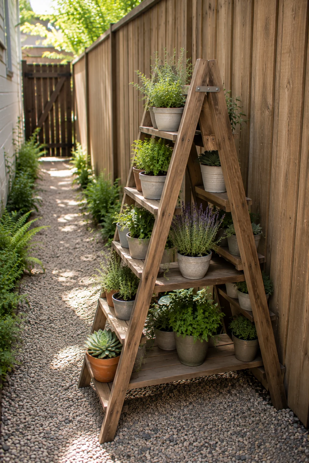 A-frame plant stand displaying pots in a narrow garden
