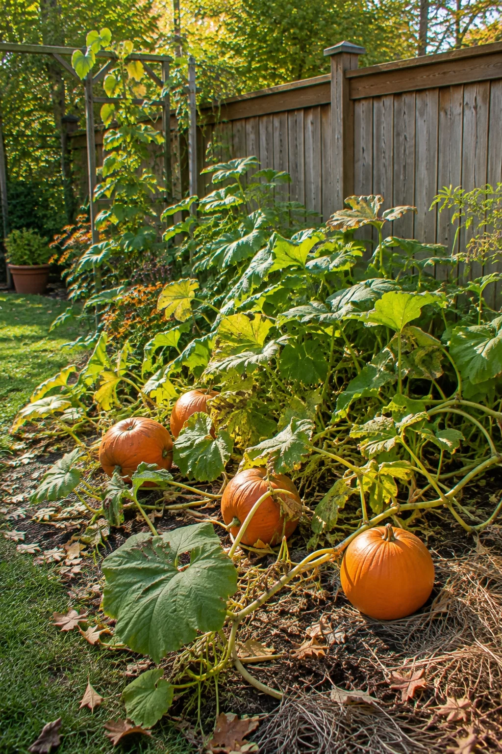 Backyard pumpkin patch corner growing for fall harvest