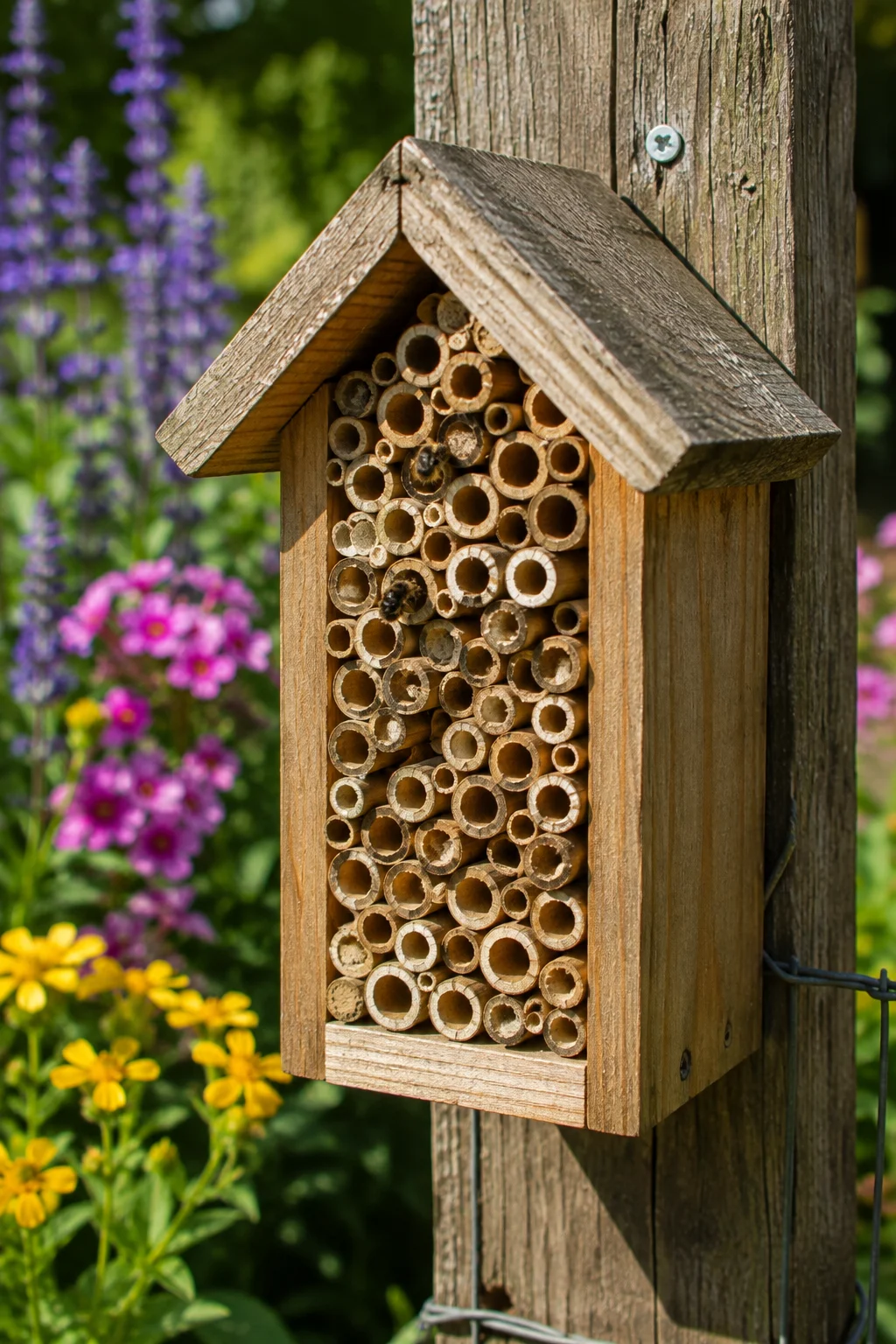 Mini bee hotel mounted on a fence post for solitary bees