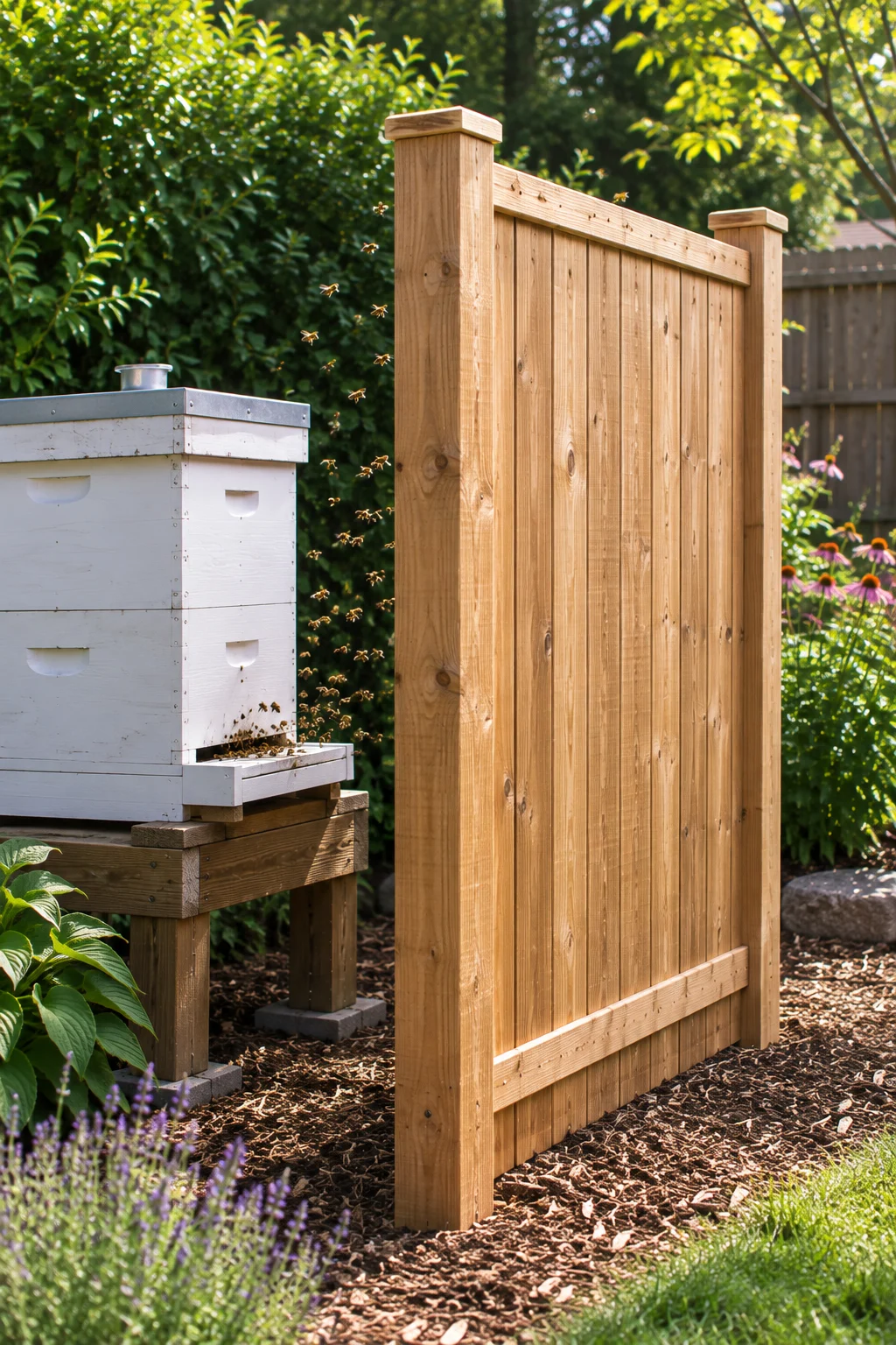 Flyway barrier fence built in front of a backyard beehive entrance