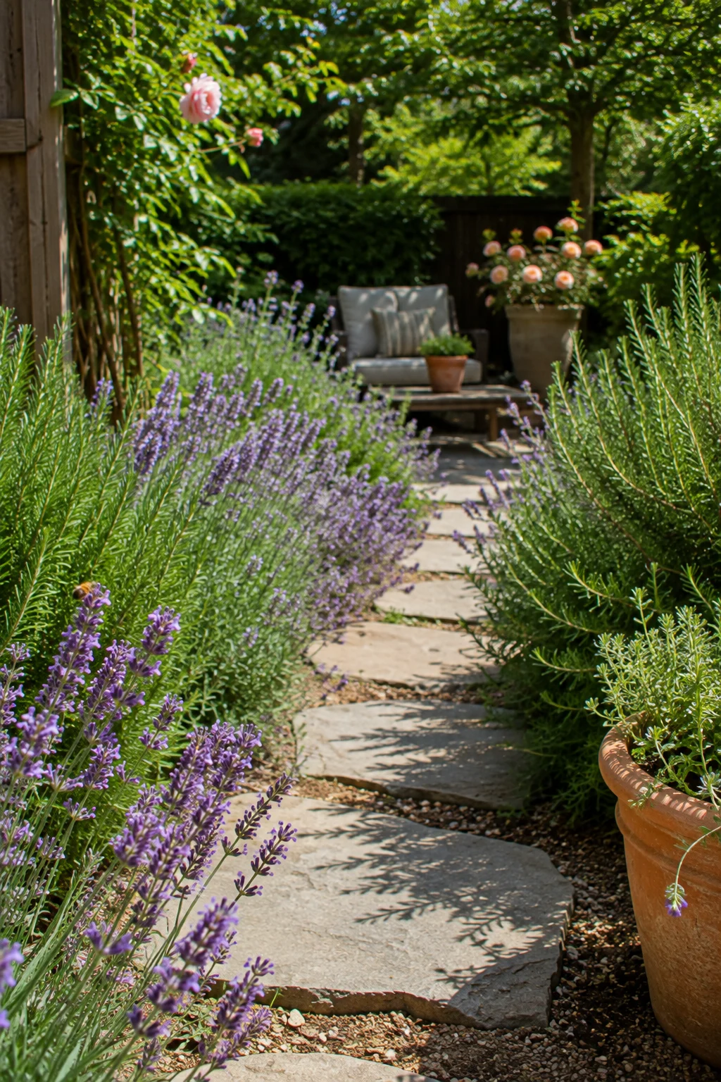 Fragrant herb border along a path leading to a backyard retreat