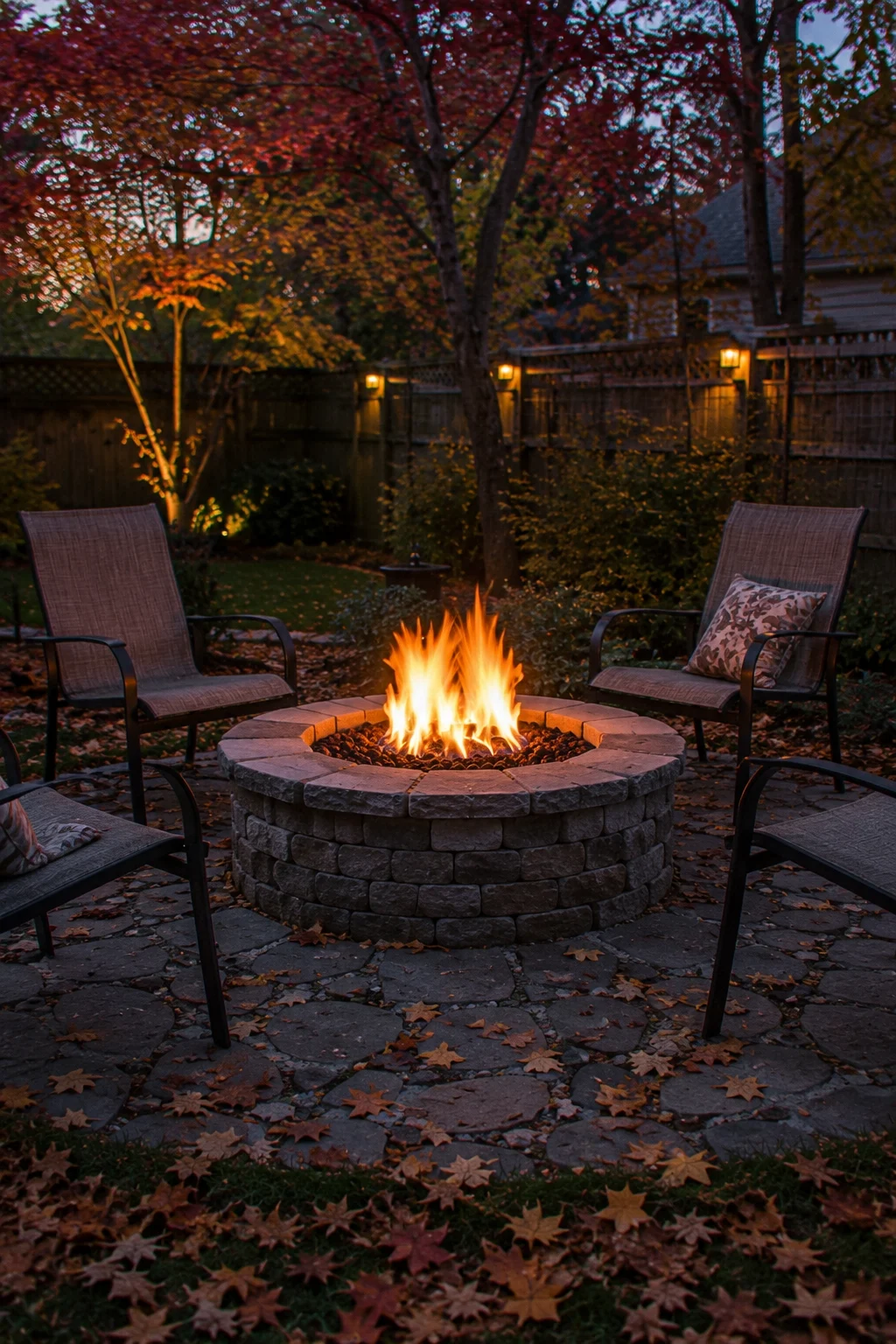 Fire pit gathering area in a backyard fall garden
