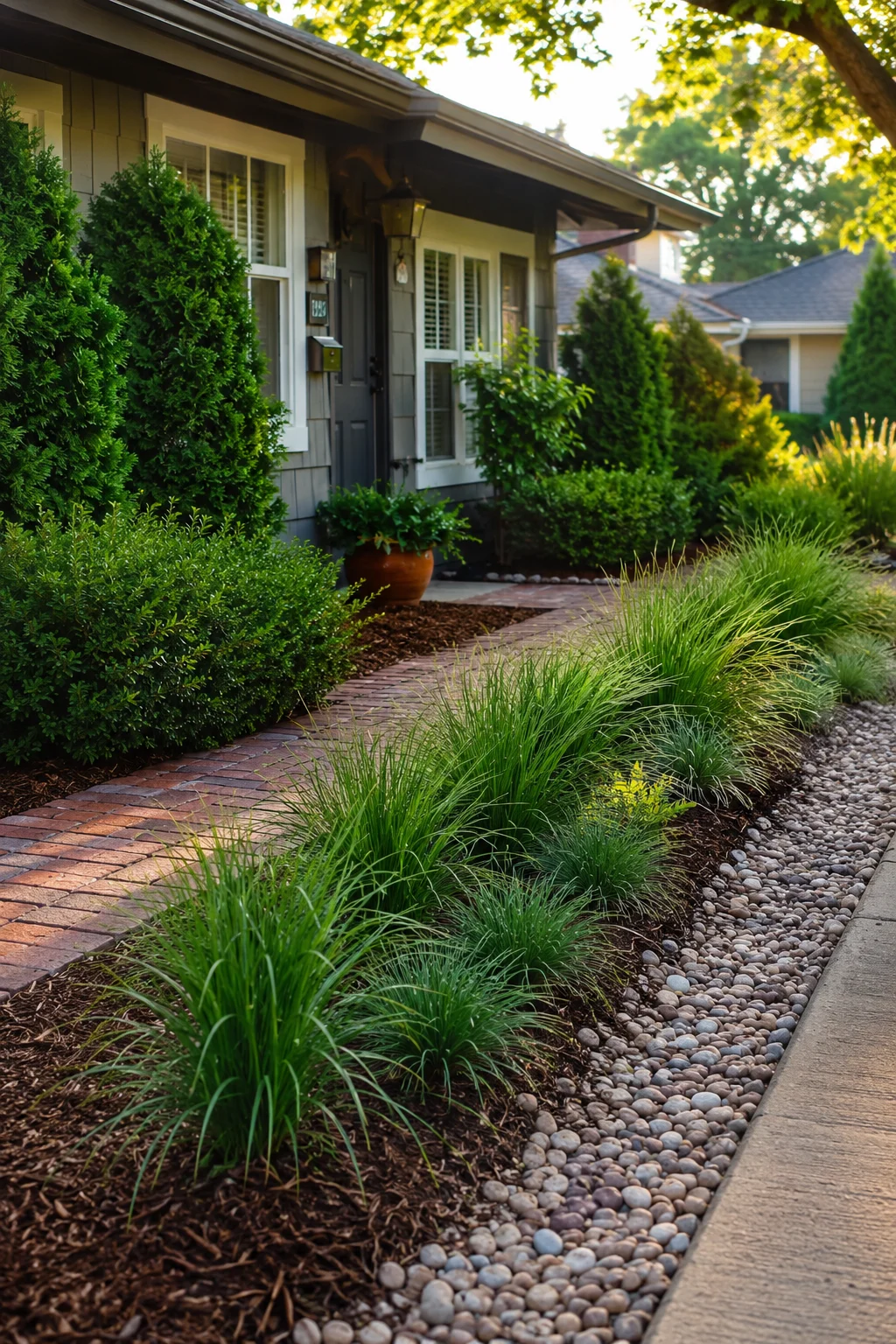Low maintenance front yard with mulched beds and ornamental grass