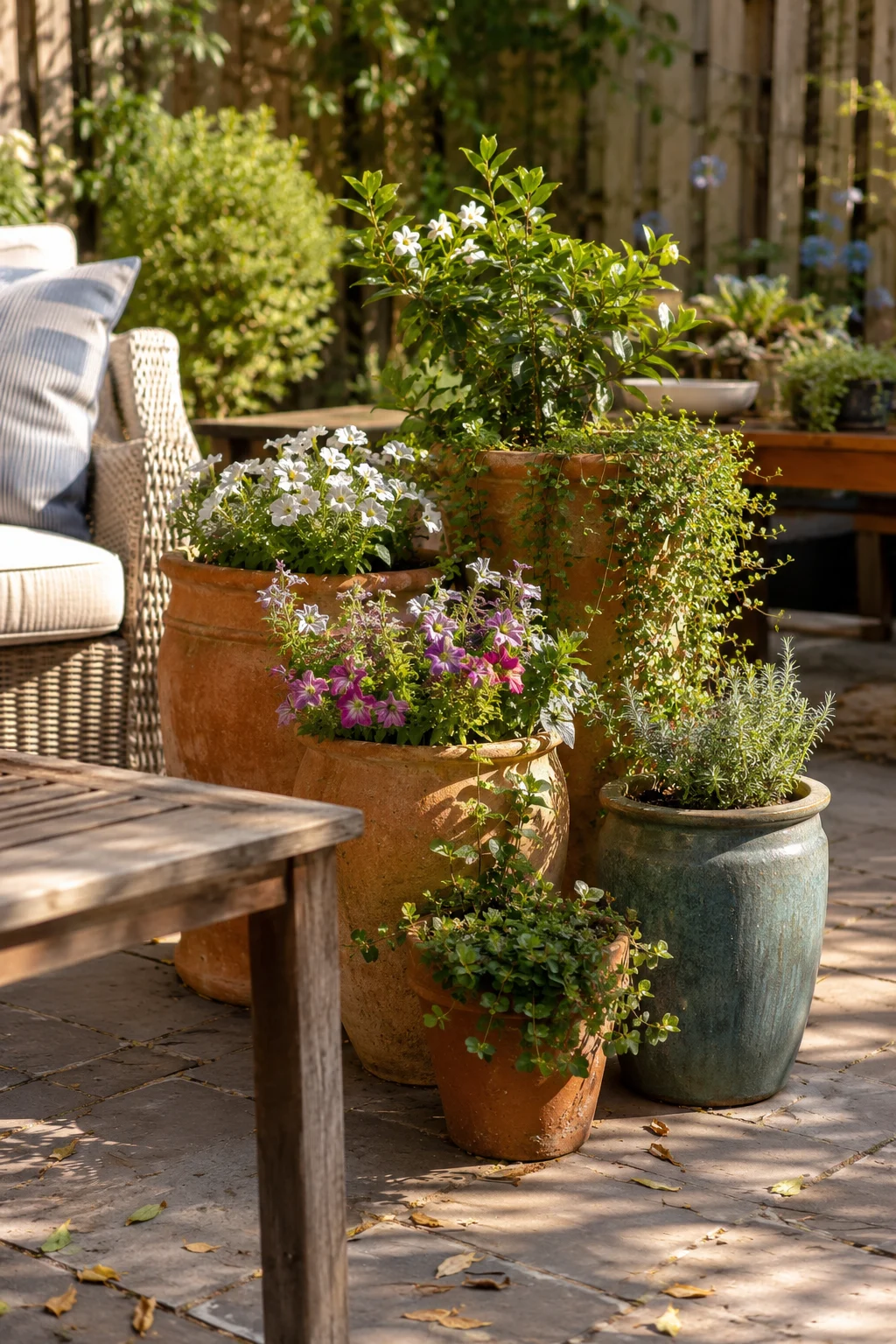 Sunny patio with a grouped cluster of terracotta and ceramic planters