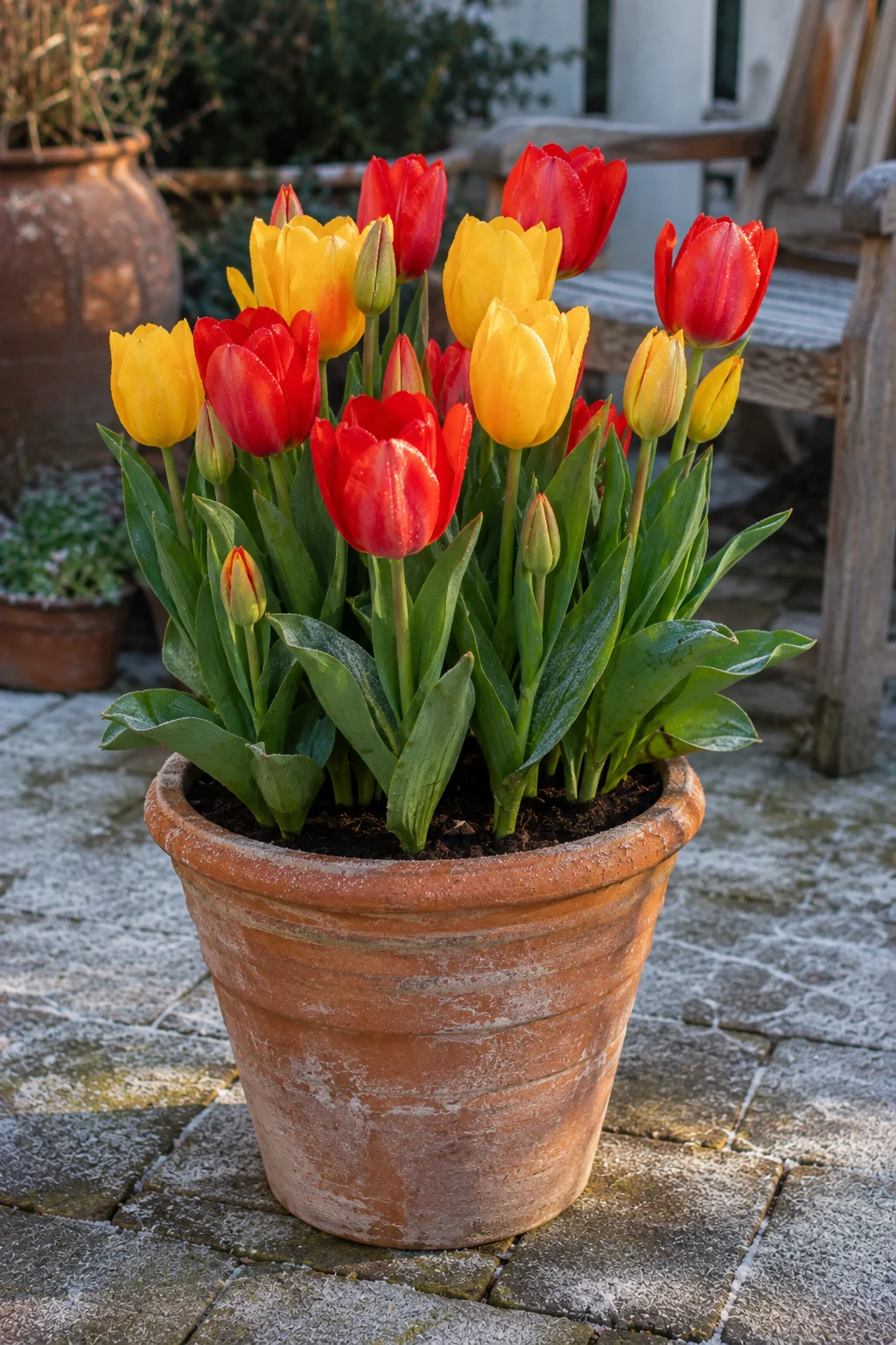 Spring bulb planter with blooming tulips on a patio