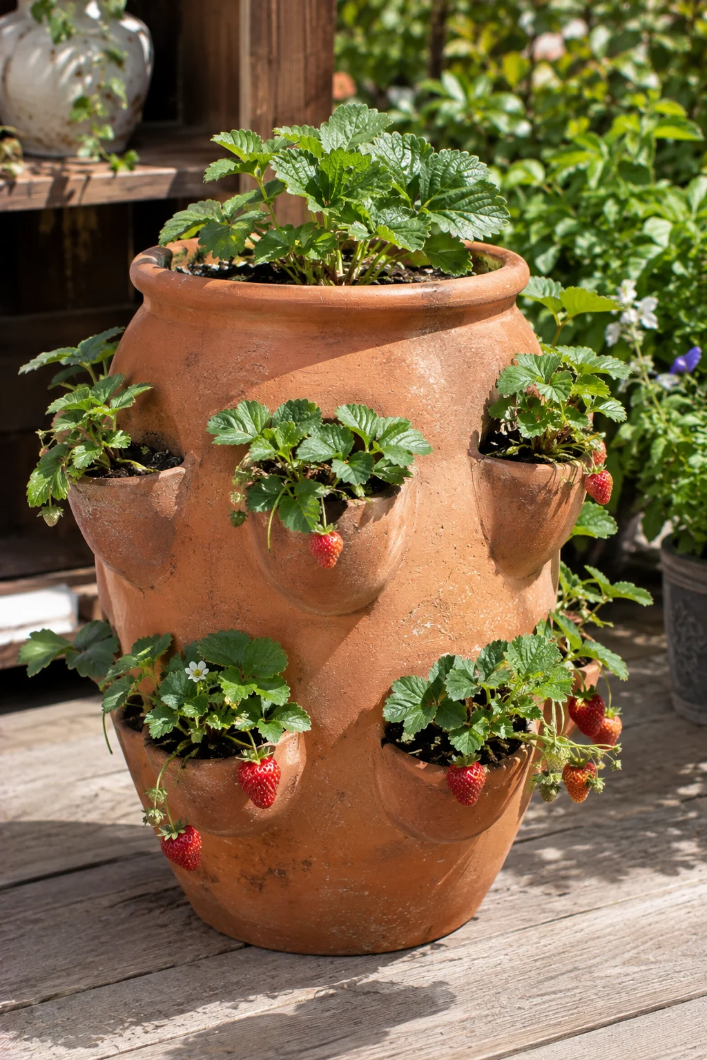 Strawberry jar planter with ripe strawberries on a patio