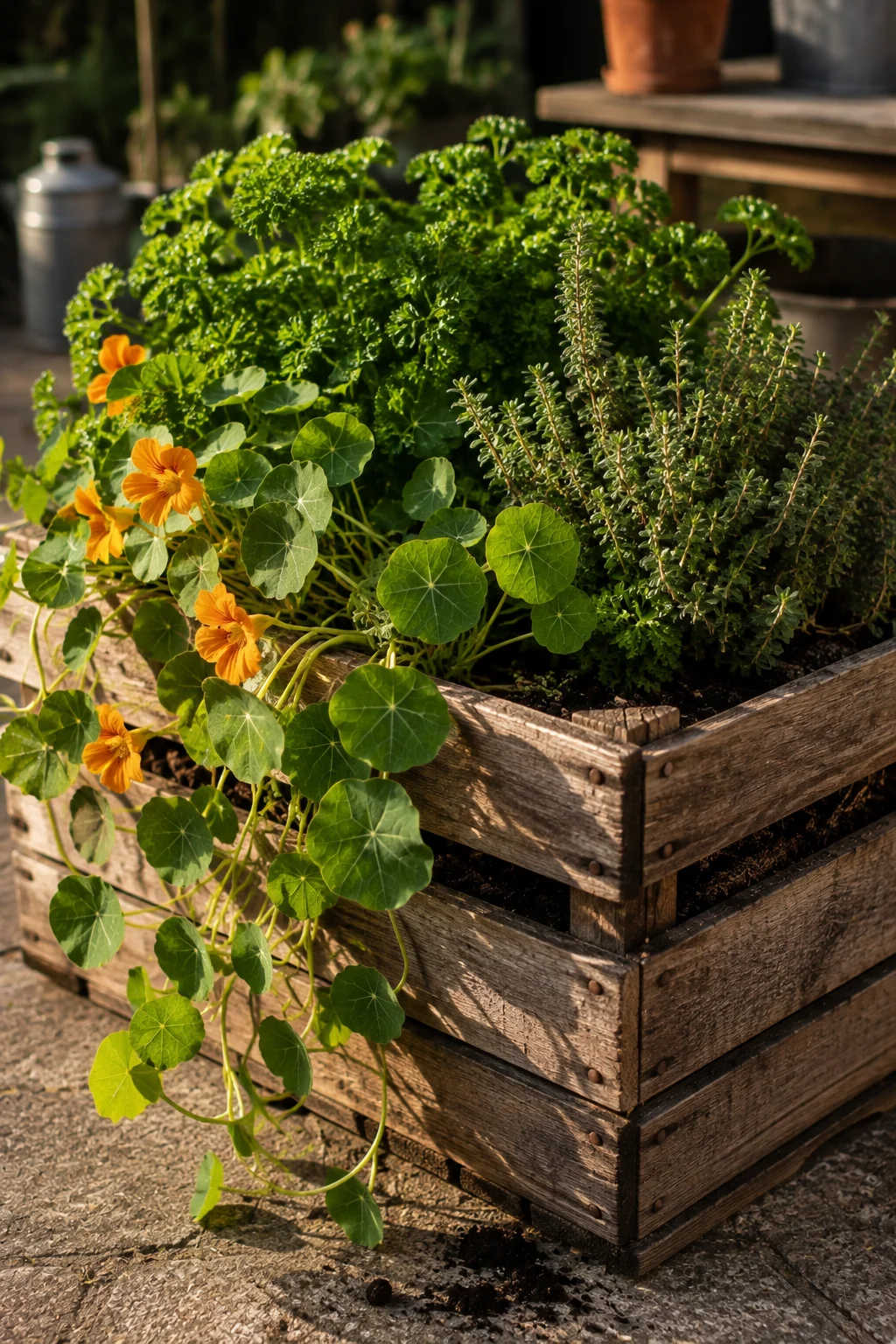 Reclaimed wooden crate planter with herbs on a patio